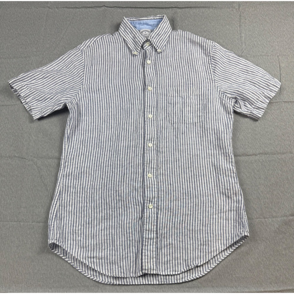 Brooks Brothers Regent Fit Blue White Striped 100% Linen S/S Mens Medium